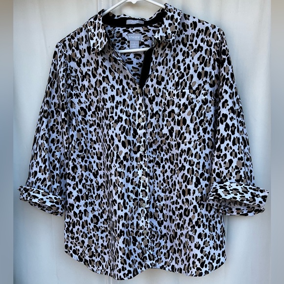 Chico's No Iron Linen Button Up Shirt Size 2 Leopard Print 3/4 Sleeve - Picture 2 of 11